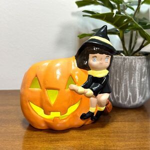 Vintage Halloween Candle Holder Pumpkin and Witch Cut-Out Face Tealight Votive